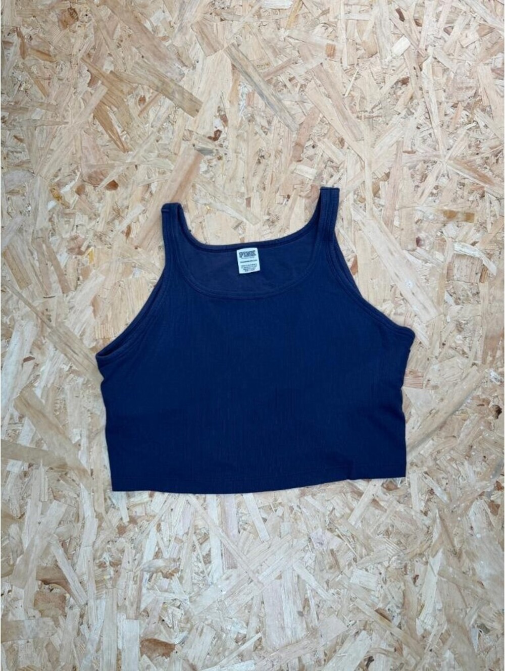 Pink Victoria Secret Crop Tank Top Womens XXL Navy Blue Ribbed High Neck Knit